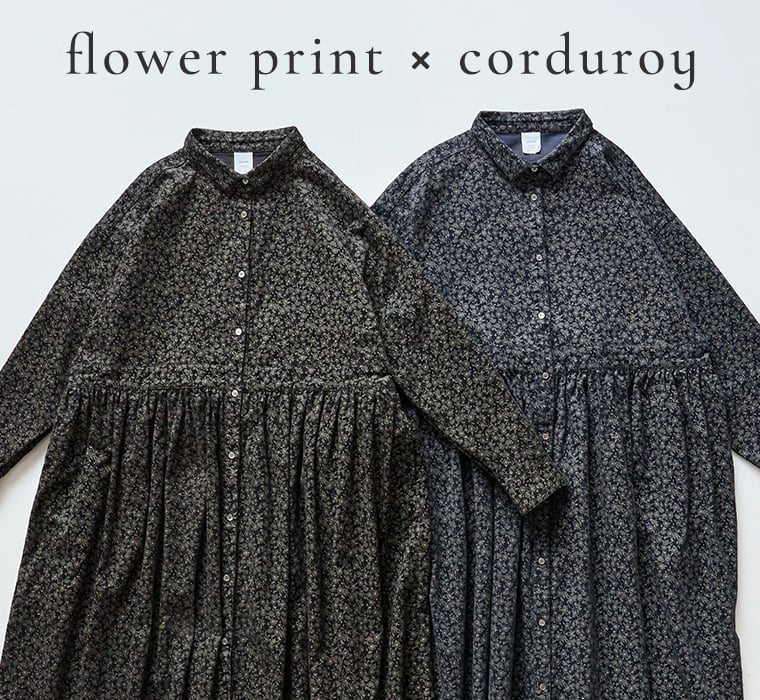 花柄プリントのコーデュロイ前開きワンピース｜ブラック・ネイビーの2色展開 ナチュラルレディースファッション