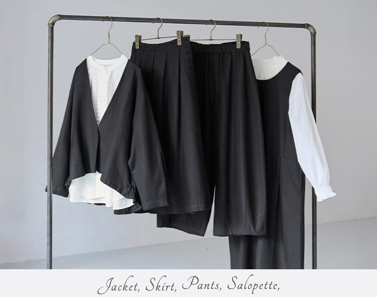 コットンレーヨン素材のオケージョン対応セットアップ（ジャケット・スカート・パンツ・サロペット）
