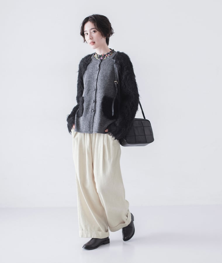 kilki 異素材ミックスニットカーディガン ブラック 大人カジュアルな着こなし 全身スタイル