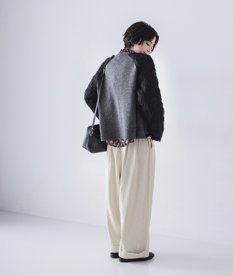 kilki 異素材ミックスニットカーディガン ブラック 後ろ姿 バックシルエット