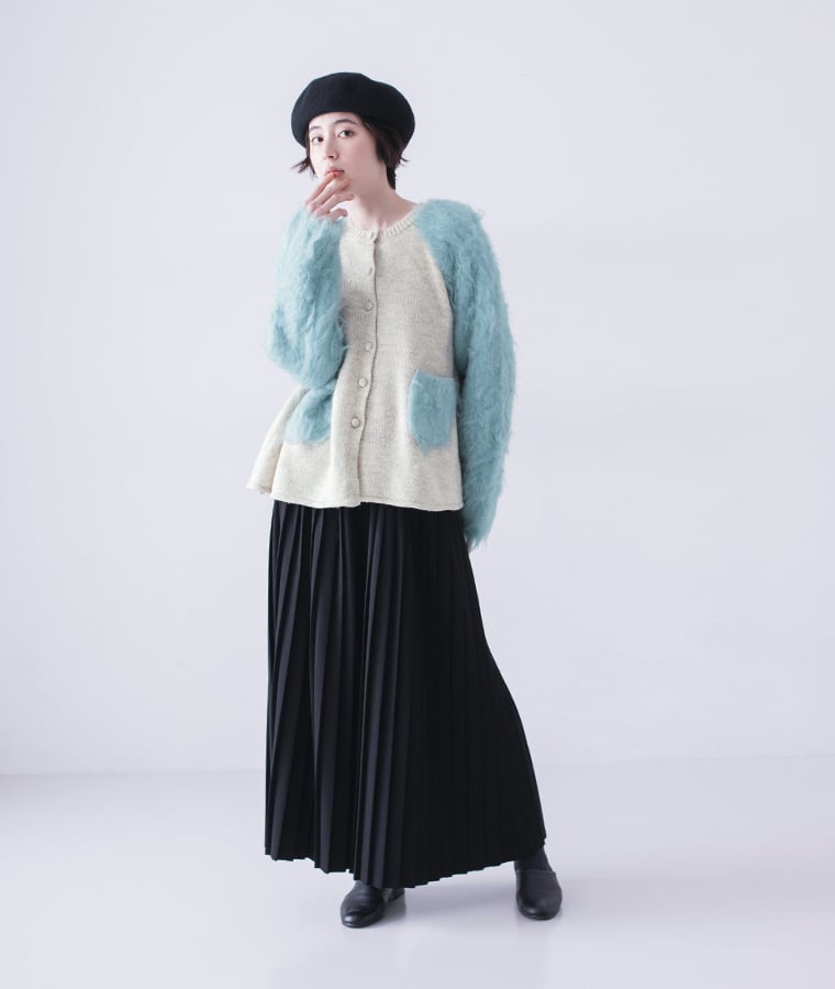 kilki 異素材ミックスニットカーディガン ブルー レディース 全身コーディネート