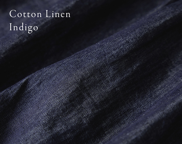 コットンリネンループ染めインディゴ前後フリル使い2wayノースリーブワンピースのインディゴの生地の質感が分かるアップ