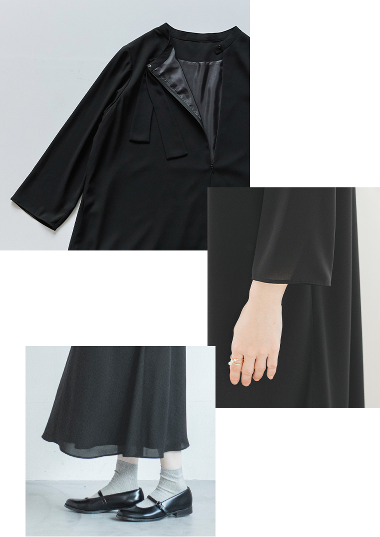 黒のワンピースのディテールを写した3カットコラージュ（前ファスナーと裏地、袖の質感、裾と足元）