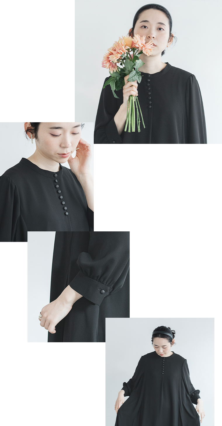 黒のボタン付きワンピースを着た人物のディテールを写した5カットコラージュ