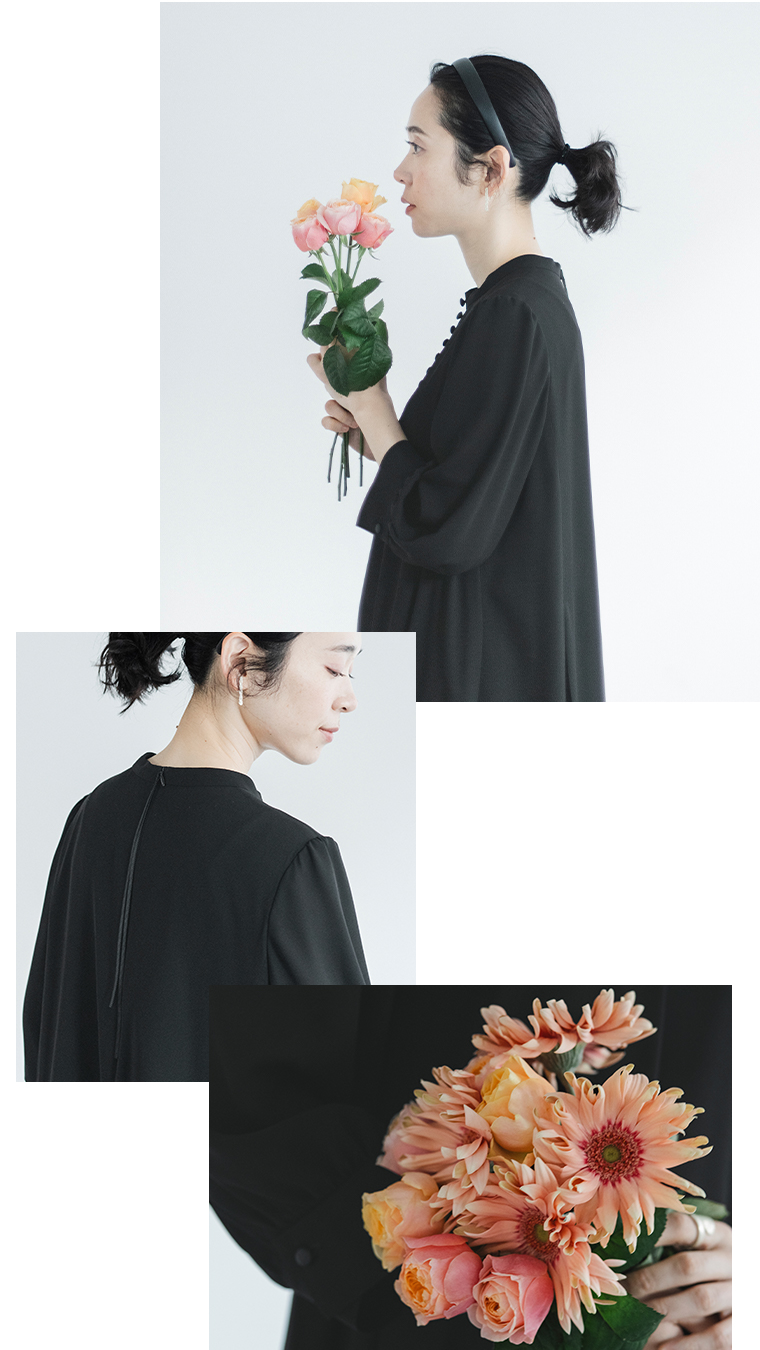 黒のワンピースを着た人物と花束の3カットコラージュ（横顔、後ろ姿、花のアップ）