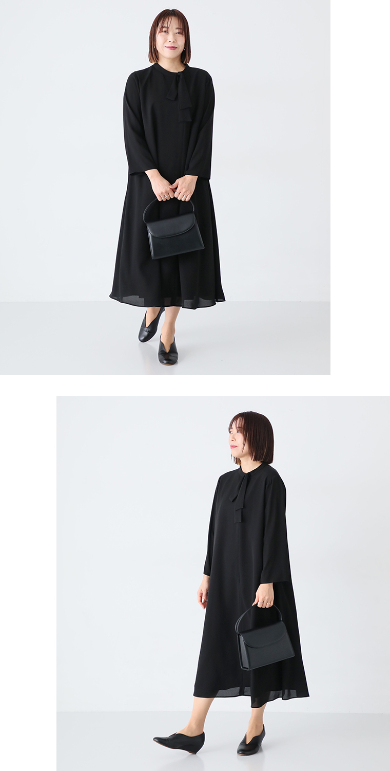 ボウタイAラインワンピースMPサイズを着たスタッフ（158cm）のコーディネート