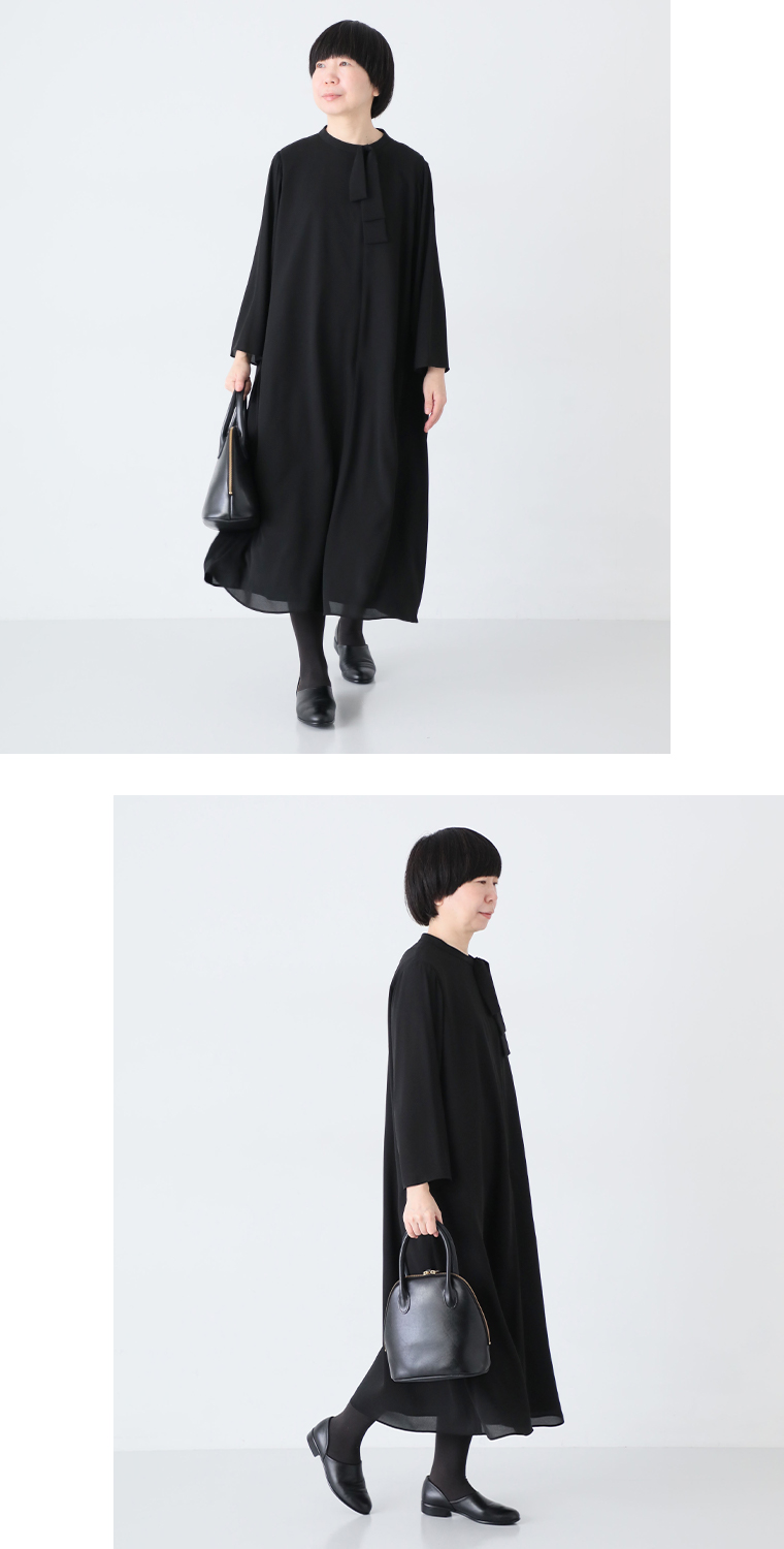 ボウタイAラインワンピースLサイズを着たスタッフ（163cm）のコーディネート