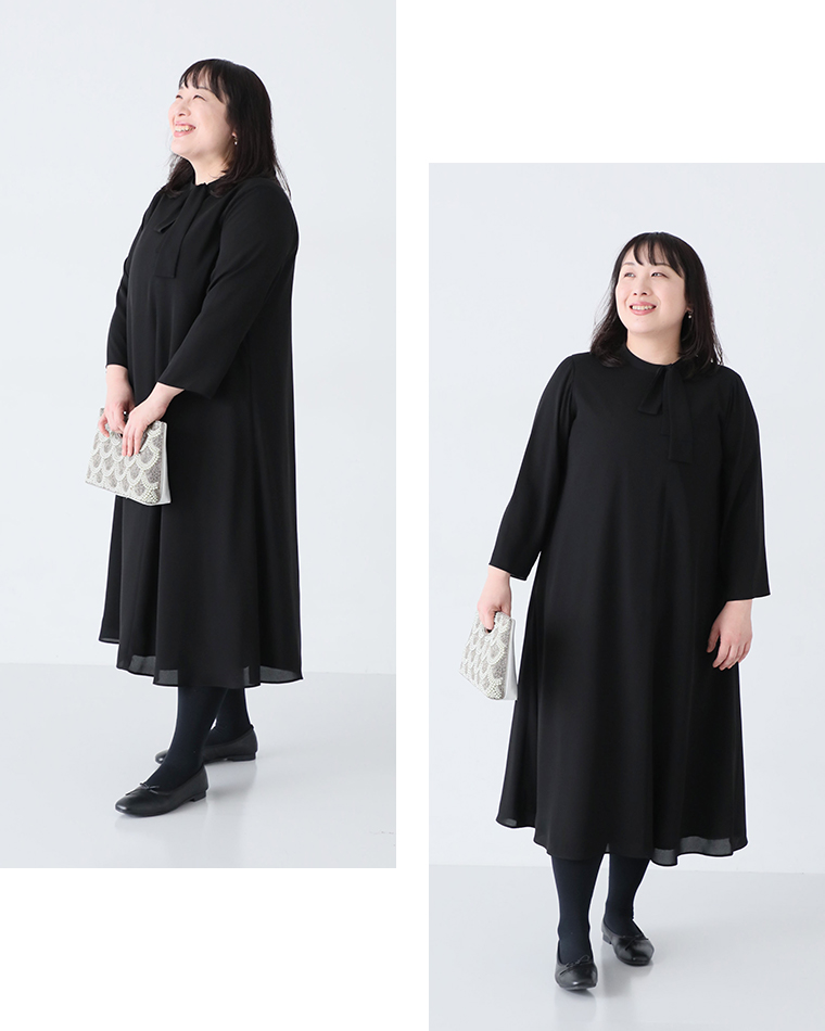 ボウタイAラインワンピースLサイズを着たスタッフ（162cm）の正面コーディネート動きあり