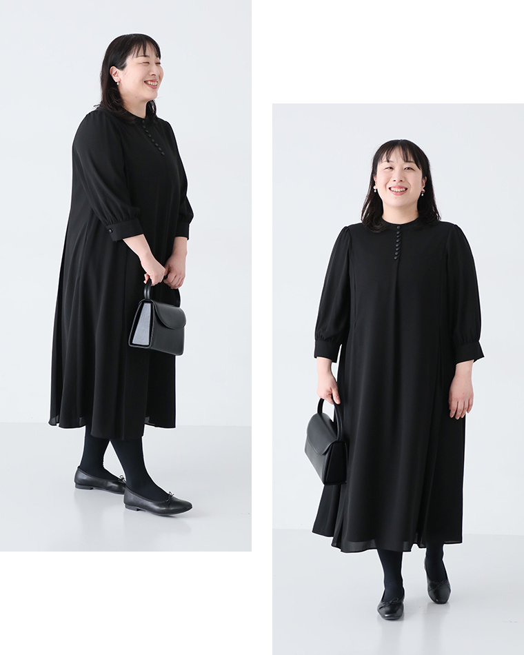 ボタンフレアワンピースLサイズを着たスタッフ（162cm）の正面コーディネート動きあり