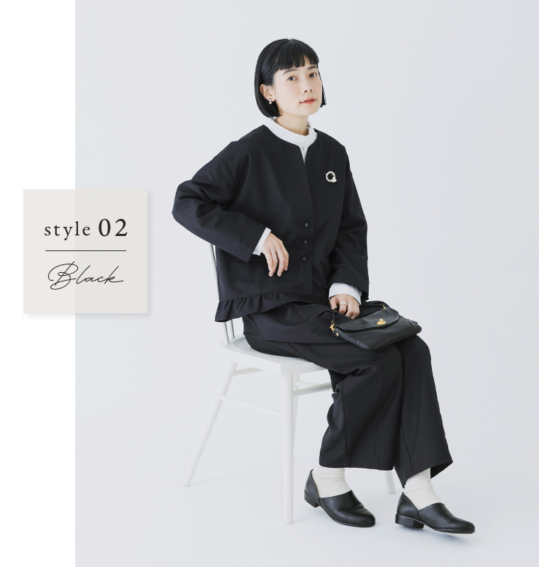 レディースポック スコッチガード（ブラック）を合わせたジャケットスタイル