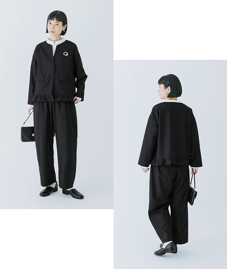 D*g*yのオケージョンセットアップスタイル。ノーカラージャケットとパンツを合わせたブラックフォーマルコーデ