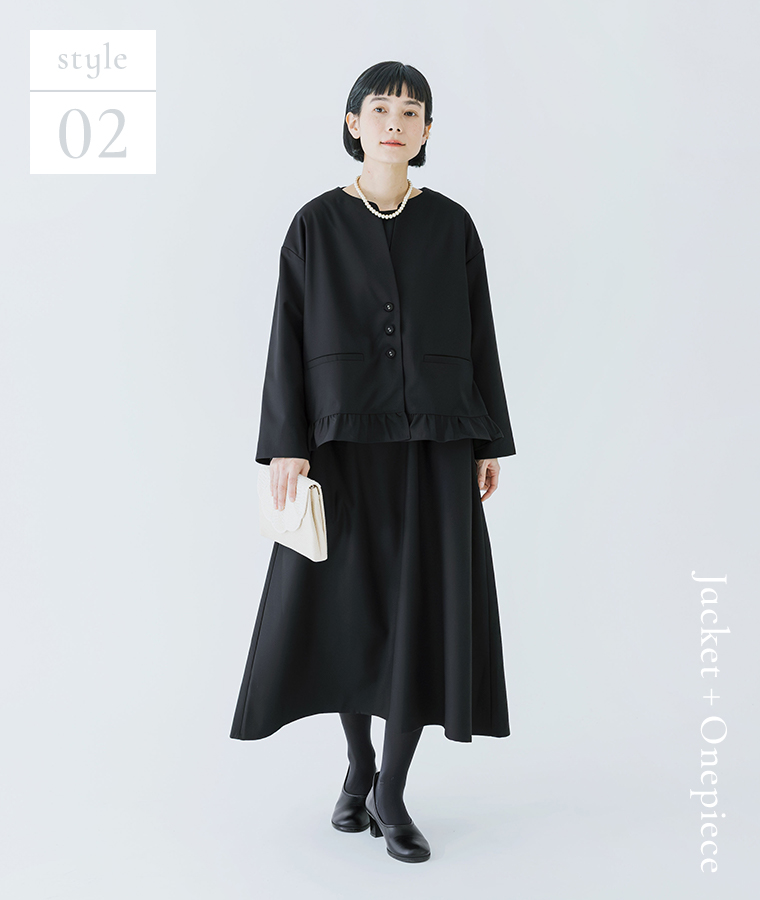 D*g*yのオケージョンスタイル。ノーカラージャケットとブラックワンピースを合わせたフォーマルコーデ