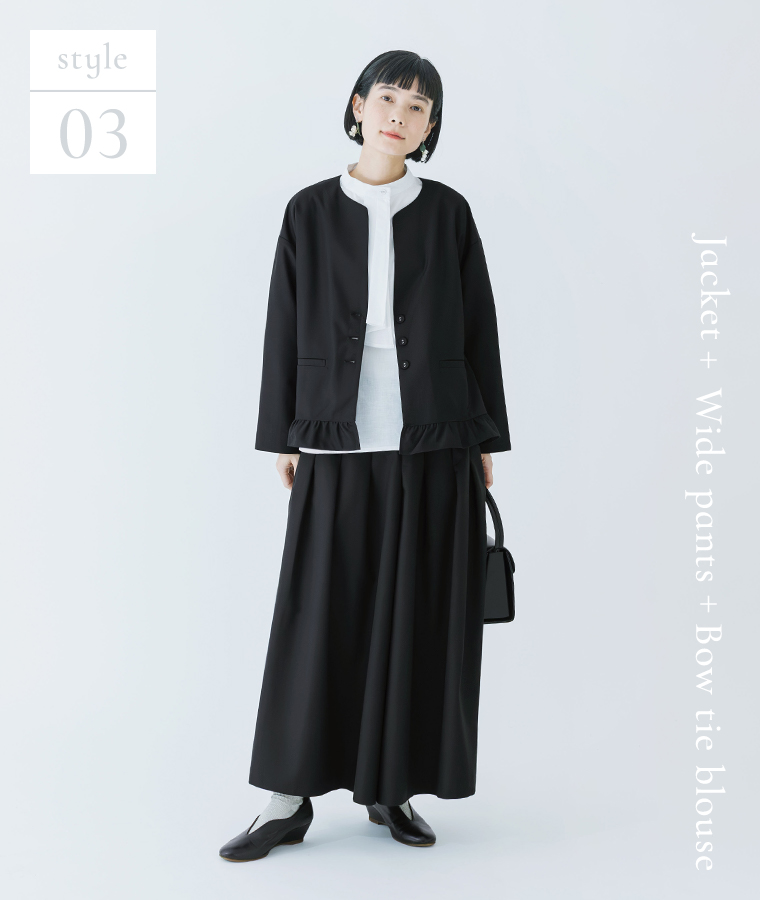 D*g*yのオケージョンスタイル。ノーカラージャケットとワイドパンツ、ボウタイブラウスを合わせたフォーマルコーデ