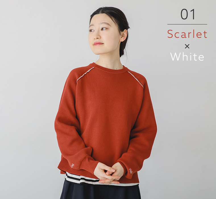 le colisのスエットライクニット 配色袖ロゴプルオーバー スカーレットを着用したモデルの上半身カット