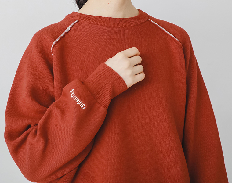 スエットライクニット 配色袖ロゴプルオーバー スカーレットの袖ロゴと配色ラインのディテールカット