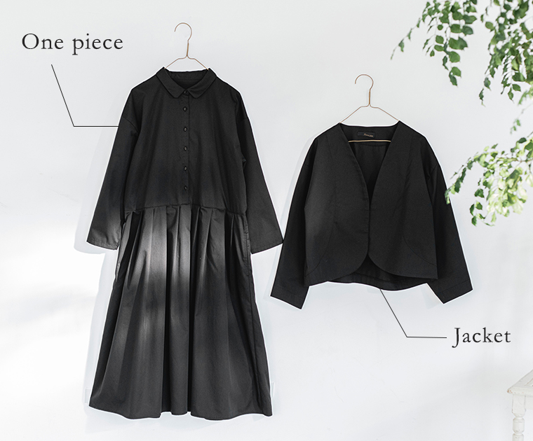ブラックのオケージョン対応ワンピースとノーカラージャケットのセットアップ　レディースフォーマルコーデ