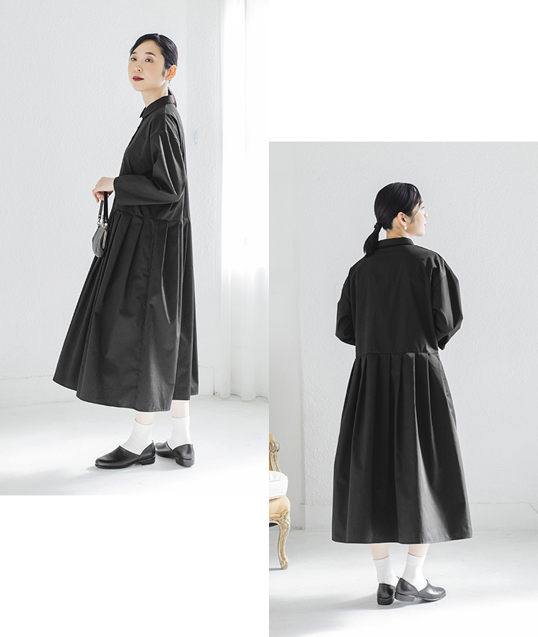 ブラックワンピースのサイドと後ろ姿　ギャザーが映えるレディースフォーマルワンピース