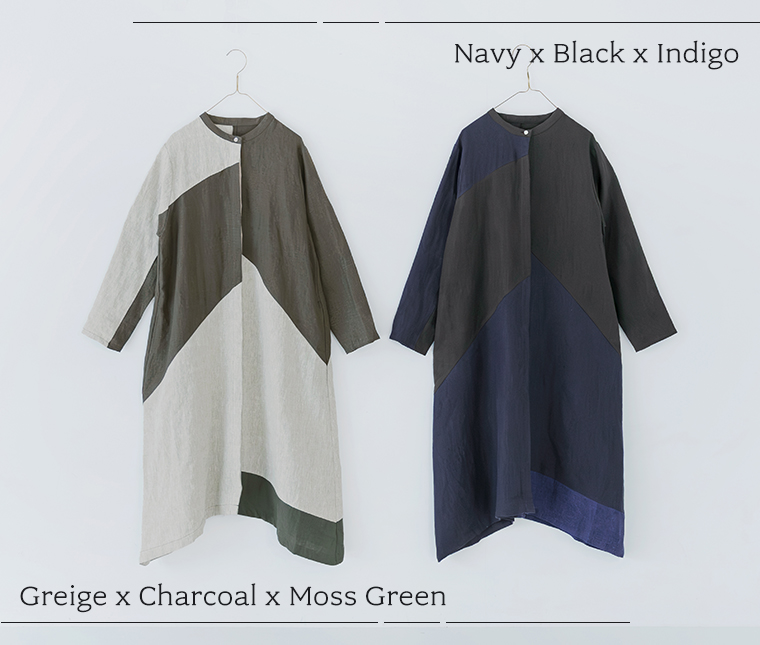 08Mab 9番手リネンアシンメトリー切り替えワンピースのカラーバリエーション（ネイビー×ブラック×インディゴ、グレージュ×チャコール×モスグリーン）