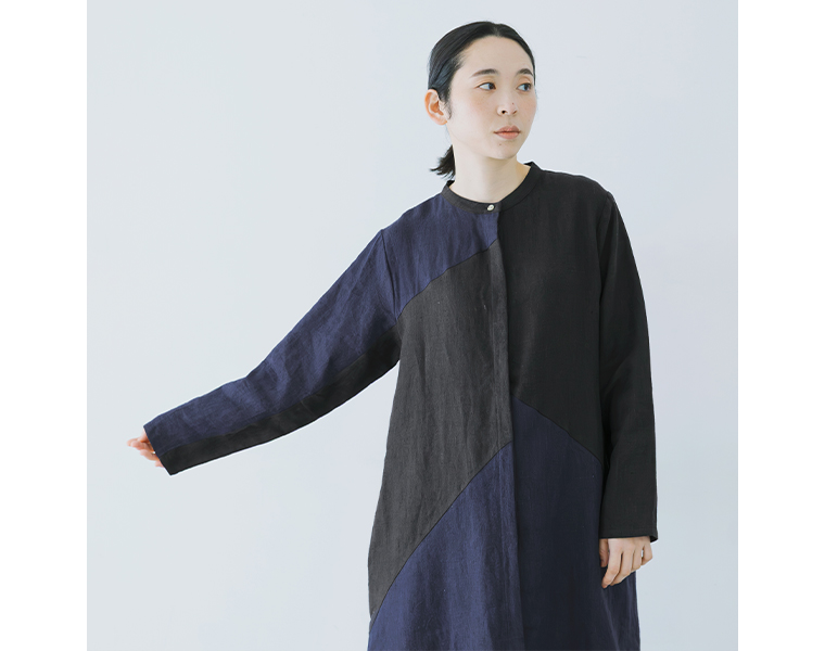 08Mab 9番手リネンアシンメトリー切り替えワンピースの上半身デザイン