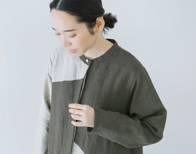 08Mab 9番手リネンアシンメトリー切り替えワンピースの上半身デザイン