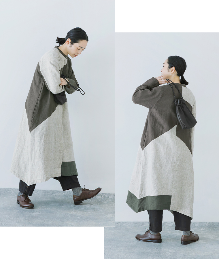 08Mab 9番手リネンアシンメトリー切り替えワンピースの着用シルエット
