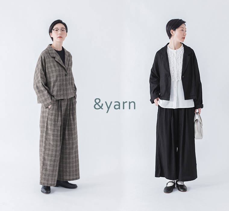 &yarnのショートテーラードジャケットとタックワイドパンツのコーディネート画像(チェックとブラック各セットアップ)