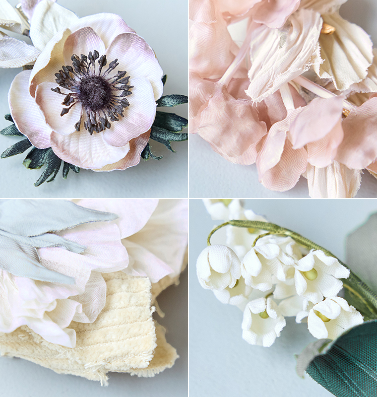 布で作られた花のアクセサリーを4分割で写したディテール画像
