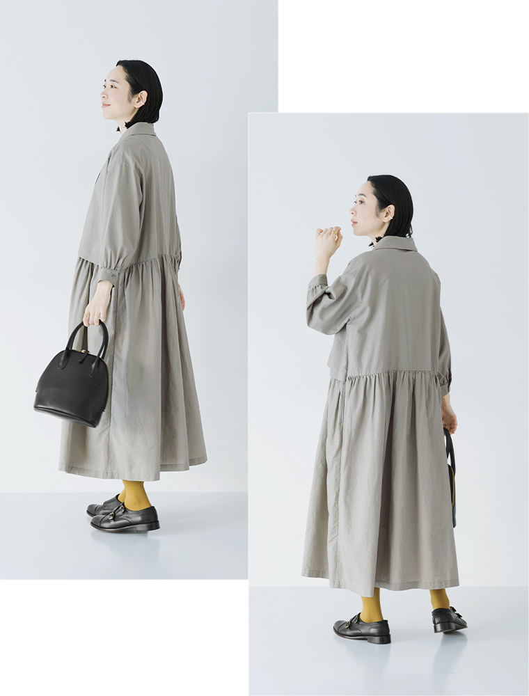 &yarn ボレロドッキングワンピースの後ろ姿（グレージュ）