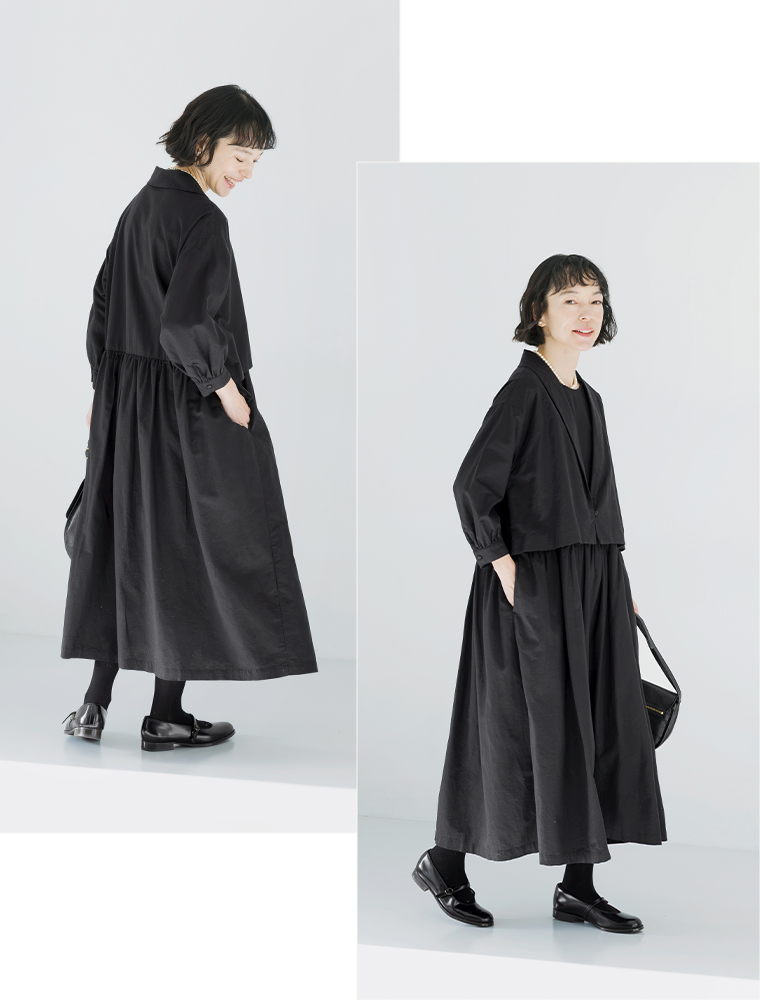 &yarn ボレロドッキングワンピースの全身スタイリング（ブラック）
