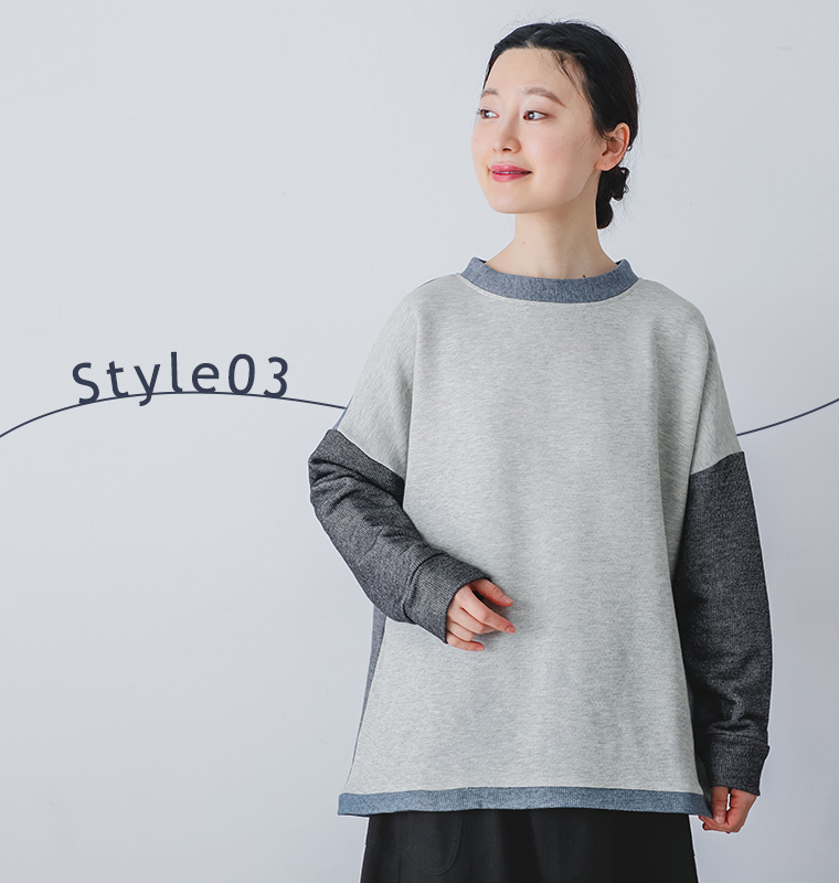 COLORKのデニム調カットソー ビッグプルオーバーを着用したモデルの上半身正面カット