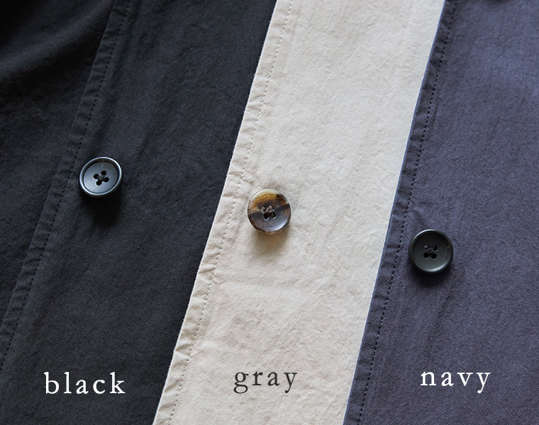 別注｜ハイネック比翼ミドル丈コートのブラック・グレー・ネイビーのボタン部分の比較アップ