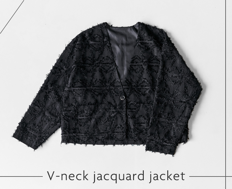 &yarn ジャガードジャケット レディース ブラック Vネック ショート丈 立体感のある織り柄