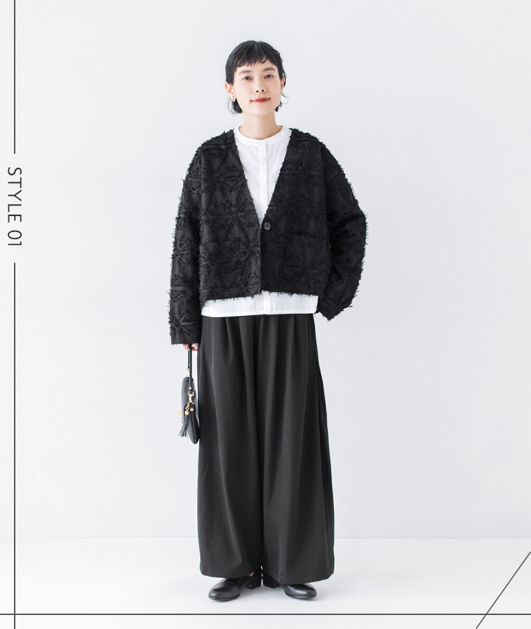 &yarn ジャガードジャケット コーディネート レディース ブラック モノトーン ナチュラルスタイル