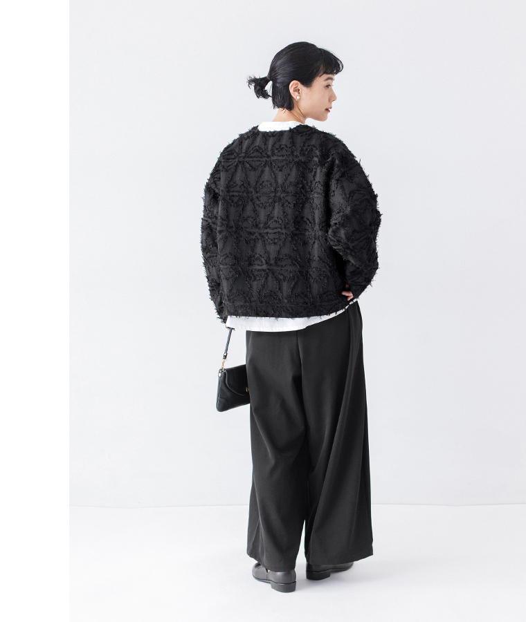 &yarn ジャガードジャケット レディース ブラック Vネック ジャガード素材 きれいめカジュアル