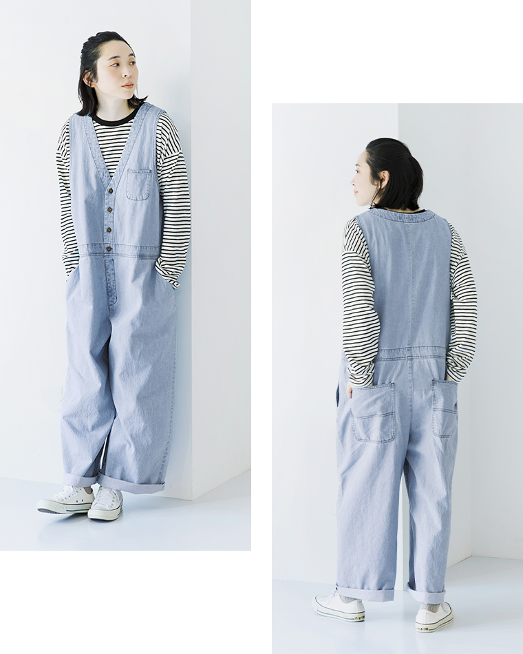 デニムサロペット(ブルー)のボーダーカットソーを合わせた正面と後ろの全身コーディネート