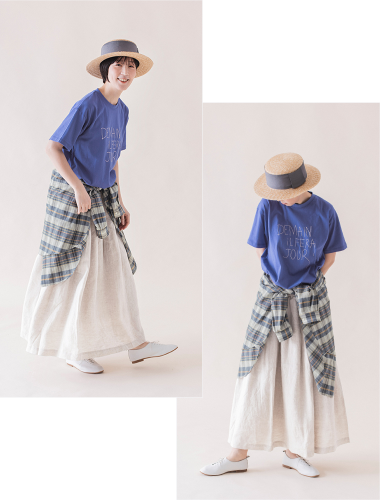 &yarn マドラスチェックワイドシルエットシャツ（グレー）のアレンジコーディネート（腰巻きスタイル）