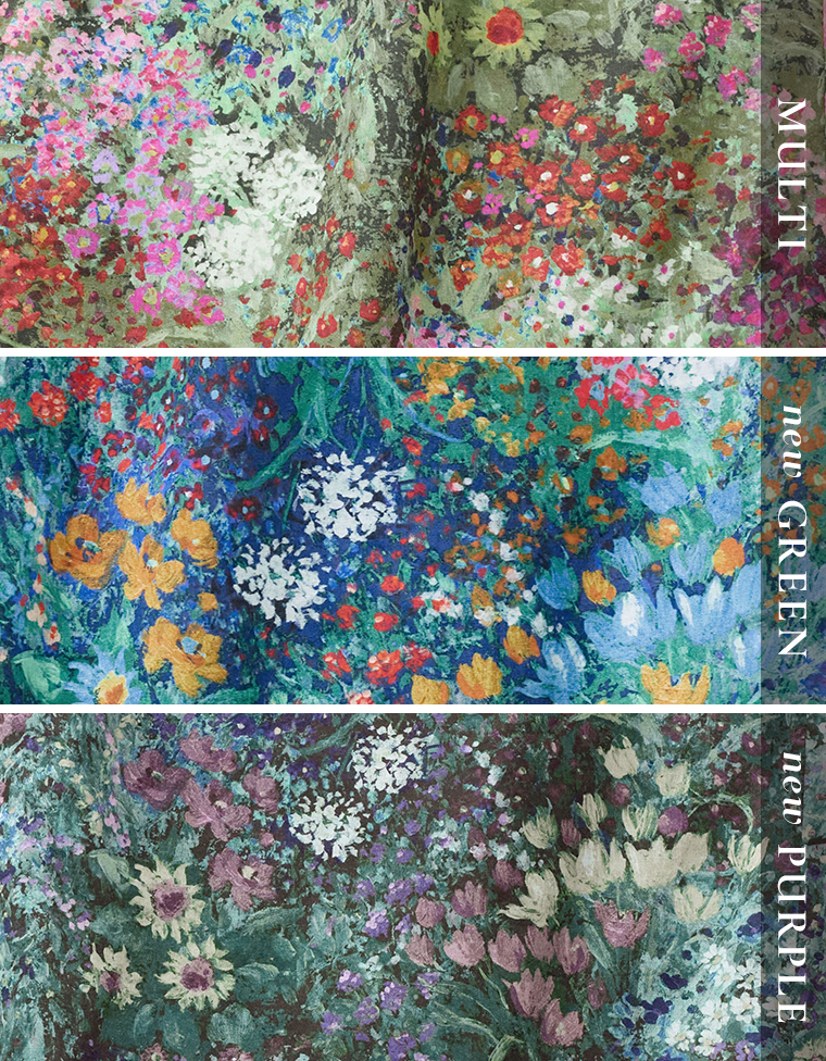 3種類のフラワープリント生地（上から順にMULTI、new GREEN、new PURPLE）の柄見本画像。印象派風の花柄が密に描かれたデザイン。