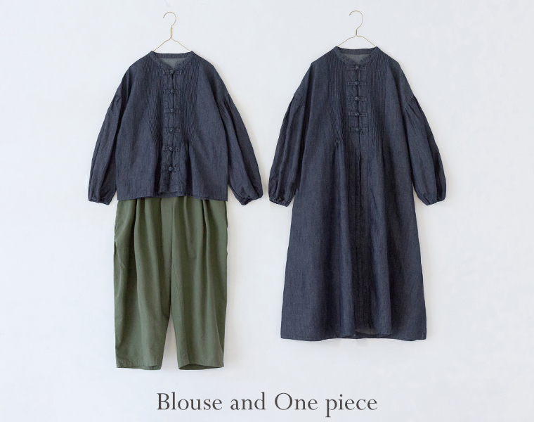 コットンリネンデニム チャイナボタンブラウスとワンピースの置き画像（ネイビー）