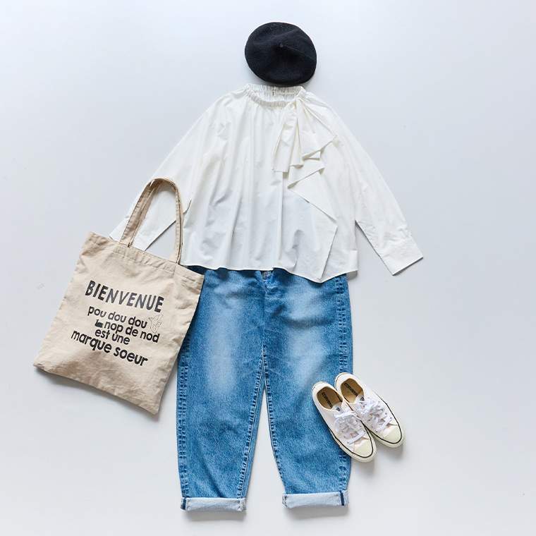 nop de nod テンセルコットンアシンメトリーリボンブラウス（オフホワイト）のカジュアルスタイルアレンジ