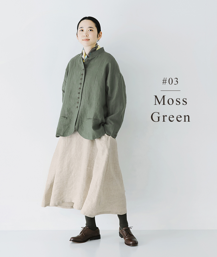 別注｜9番手リネン 多ボタンジャケット モスグリーンを着用したモデルの正面全身