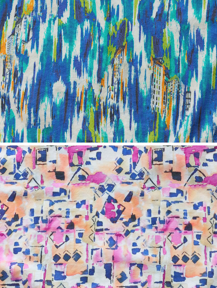 上下に並べられた2種類のテキスタイルパターンの画像。上部は青・緑・オレンジの縦模様に建物のイラストが重なるアブストラクトなデザイン、下部はピンクやネイビーを基調に幾何学模様が描かれた水彩風のテキスタイル。