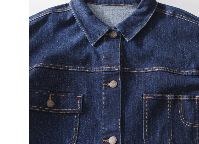 &yarn デニムカバーオール 襟元寄り