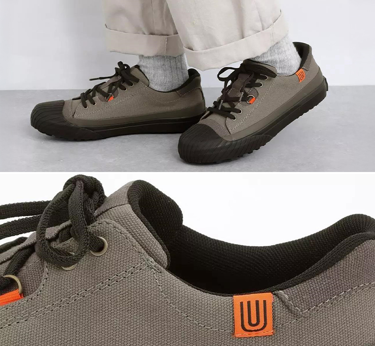 UO15（グレー）を履いた横向きと置いた履き口アップ画像