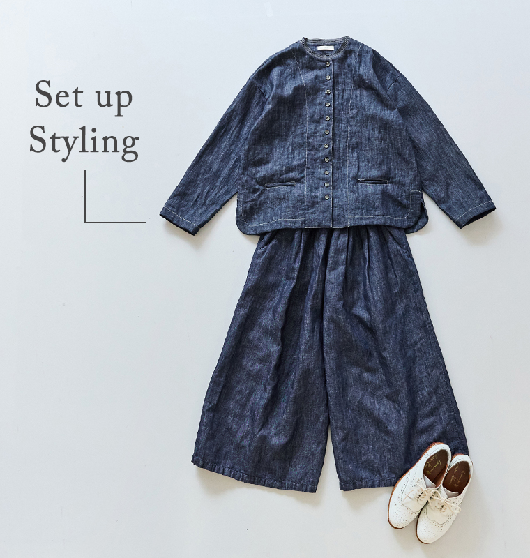 インディゴデニムジャケットとガウチョパンツのセットアップスタイリング