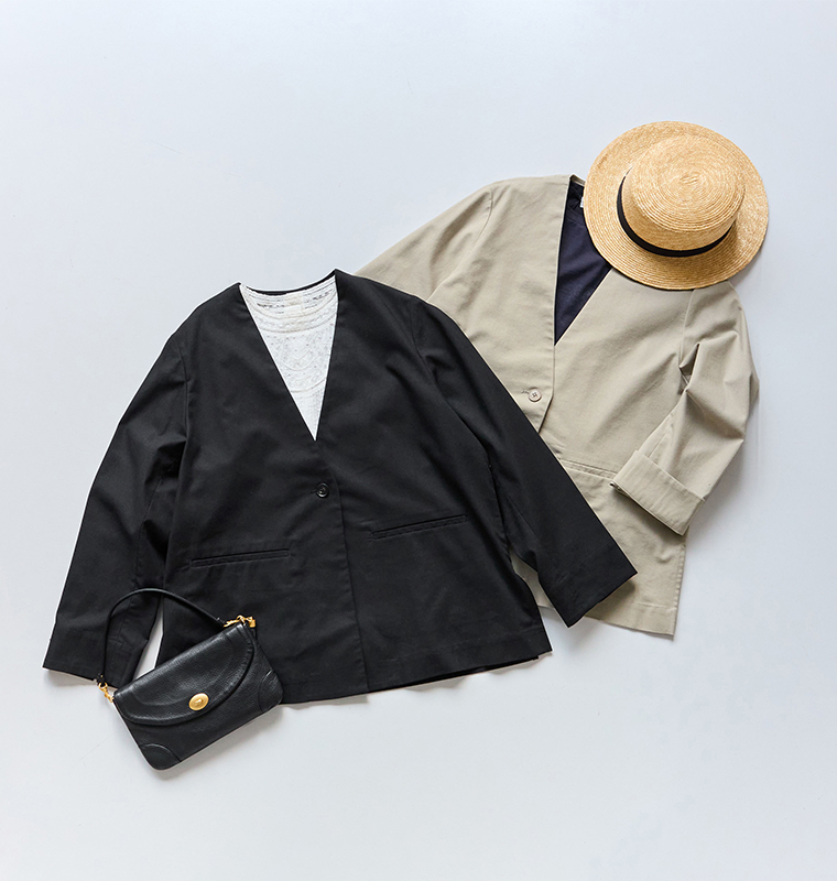 &yarnリネンコットンノーカラージャケットのブラックとグレージュのジャケットを並べたフラットレイコーディネート