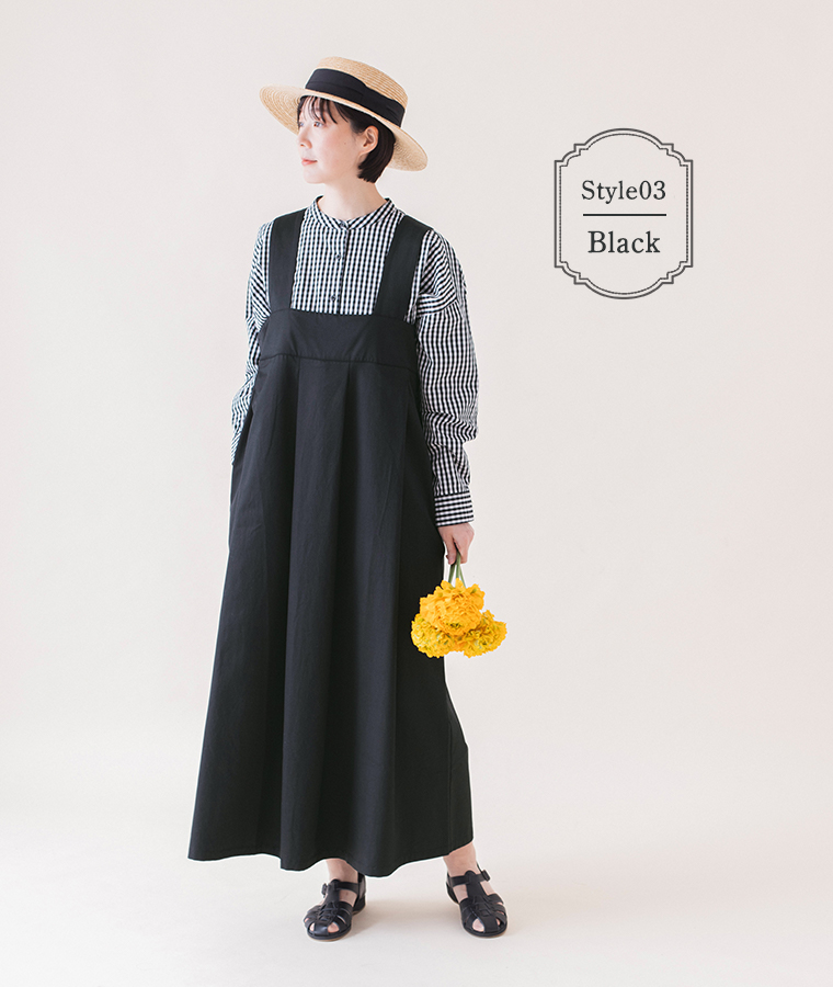 ギンガムチェックバンドカラーシャツ(ブラック)着用のジャンスカに合わせた全身コーディネート