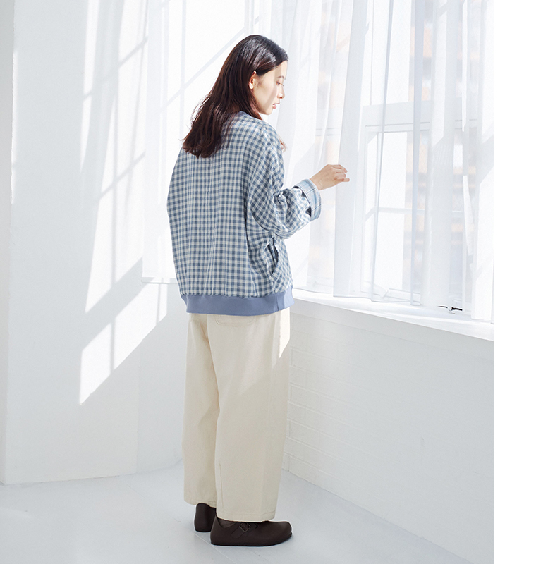LUPILIEN by natulan ダブルガーゼのリバーシブルチェックプルオーバー ブルーギンガムのナチュラルコーディネート