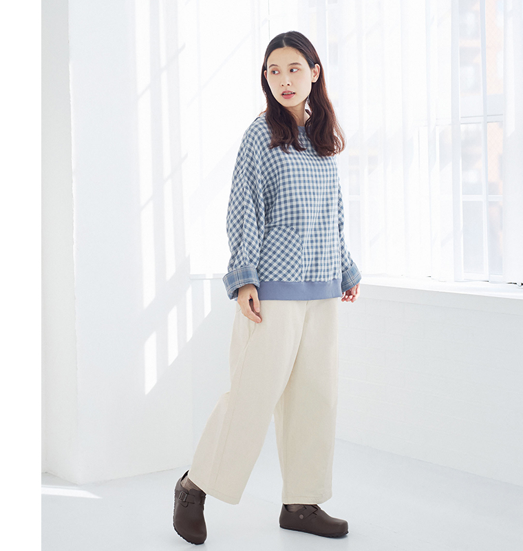 LUPILIEN by natulan ダブルガーゼのリバーシブルプルオーバー ブルーギンガムチェックのゆったりシルエット