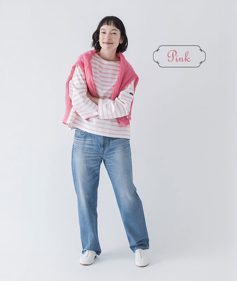 ボーダーTシャツ(ピンク)着用の全身コーディネート