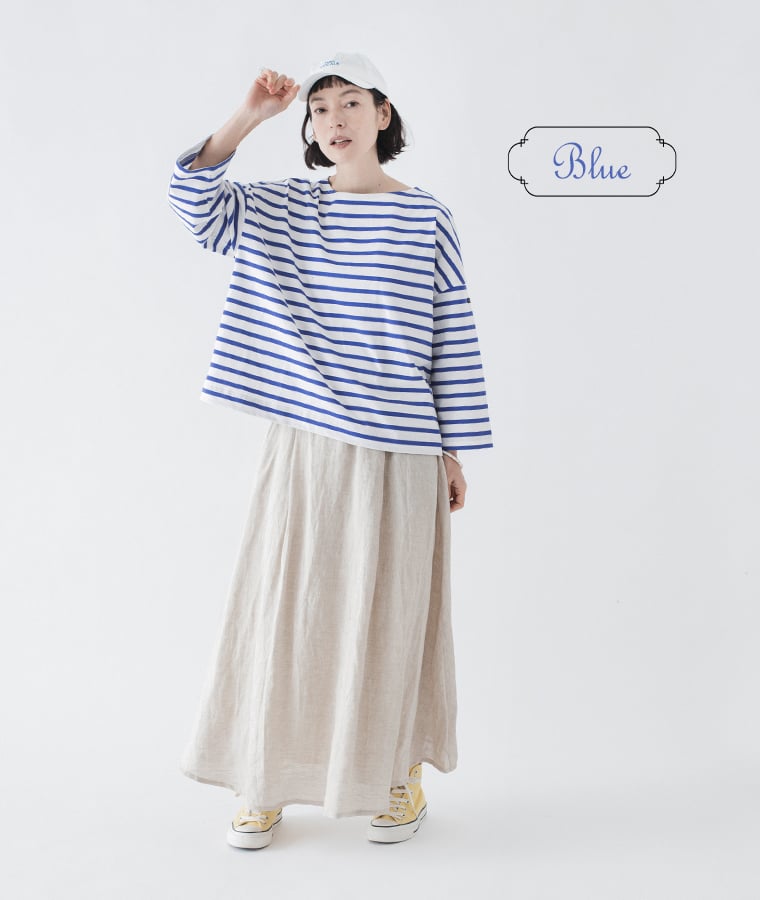 ボーダーTシャツ(ブルー)着用した全身コーディネート